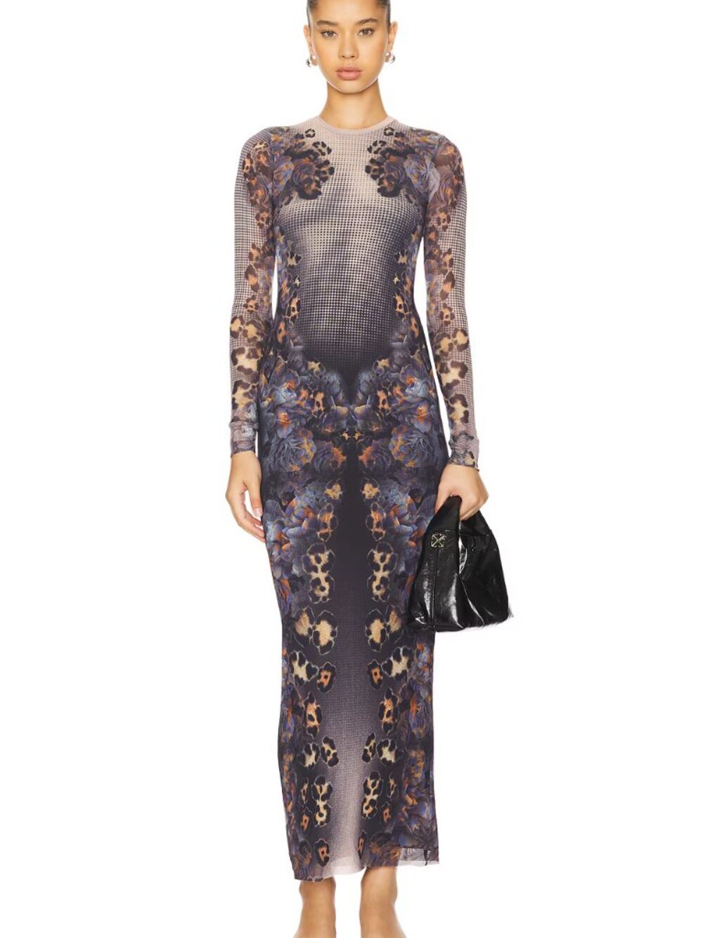 AFRM Didi Long-Sleeve Floral Mesh Maxi Dress Nude Leopard Bodycon  Size XS - Picture 2 of 4